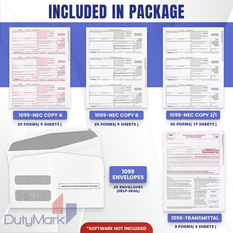 Dutymark 1099 NEC Forms 2025 for 25 Recipients 4 Part Laser Tax Forms Kit, 3 1096 Forms, 25 Security Self Seal Envelopes, Compatible with QuickBooks and Accounting Software, 2025 1099 NEC - Image 2